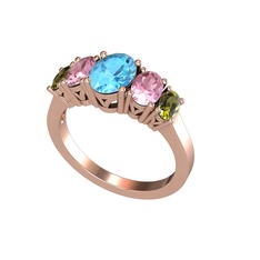 Akuamarin, pembe kuvars ve peridot 8 ayar rose altın yüzük