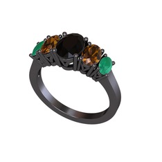 Oval 5 Taşlı Yüzük - Siyah zirkon, dumanlı kuvars ve kök zümrüt 925 ayar siyah rodyum kaplama gümüş yüzük #nfmpgx