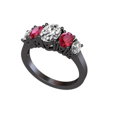 Oval 5 Taşlı Yüzük - Beyaz zirkon ve rodolit garnet 925 ayar siyah rodyum kaplama gümüş yüzük #nhfjhw