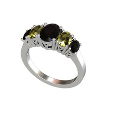 Oval 5 Taşlı Yüzük - Siyah zirkon ve peridot 8 ayar beyaz altın yüzük #o2fmk3