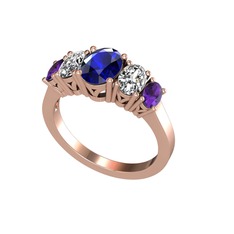 Oval 5 Taşlı Yüzük - Lab safir, beyaz zirkon ve ametist 14 ayar rose altın yüzük #oace2g