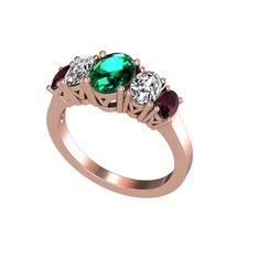 Oval 5 Taşlı Yüzük - Yeşil kuvars, swarovski ve kök yakut 14 ayar rose altın yüzük #ofhs4e