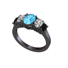 Akuamarin, swarovski ve siyah zirkon 925 ayar siyah rodyum kaplama gümüş yüzük