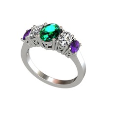 Oval 5 Taşlı Yüzük - Yeşil kuvars, swarovski ve ametist 8 ayar beyaz altın yüzük #oqc9g2