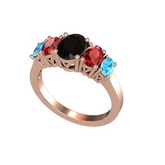 Oval 5 Taşlı Yüzük - Siyah zirkon, garnet ve akuamarin 18 ayar rose altın yüzük #ouz929