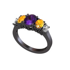 Oval 5 Taşlı Yüzük - Ametist, sitrin ve beyaz zirkon 925 ayar siyah rodyum kaplama gümüş yüzük #oxwy1i