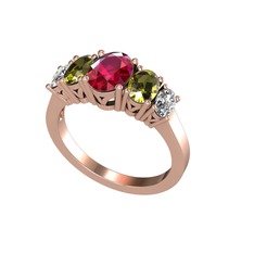 Oval 5 Taşlı Yüzük - Rodolit garnet, peridot ve beyaz zirkon 8 ayar rose altın yüzük #oyx0ee
