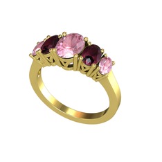 Oval 5 Taşlı Yüzük - Pembe kuvars ve kök yakut 925 ayar altın kaplama gümüş yüzük #py24ya