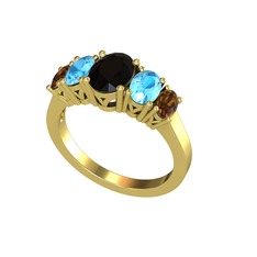 Oval 5 Taşlı Yüzük - Siyah zirkon, akuamarin ve dumanlı kuvars 18 ayar altın yüzük #qb9gp5