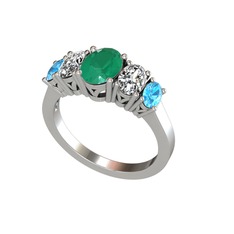 Oval 5 Taşlı Yüzük - Kök zümrüt, swarovski ve akuamarin 18 ayar beyaz altın yüzük #qgqomn