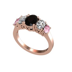 Oval 5 Taşlı Yüzük - Siyah zirkon, swarovski ve pembe kuvars 14 ayar rose altın yüzük #qknkrw