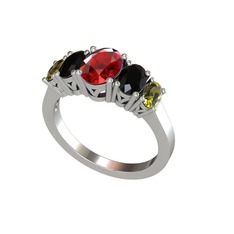 Garnet, siyah zirkon ve peridot 18 ayar beyaz altın yüzük