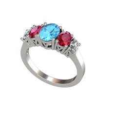Akuamarin, rodolit garnet ve swarovski 14 ayar beyaz altın yüzük
