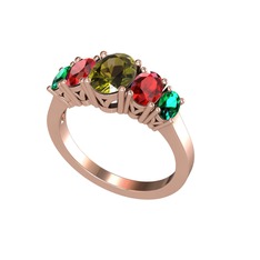 Oval 5 Taşlı Yüzük - Peridot, garnet ve yeşil kuvars 18 ayar rose altın yüzük #qp5flr
