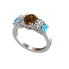 Oval 5 Taşlı Yüzük - Dumanlı kuvars, swarovski ve akuamarin 18 ayar beyaz altın yüzük #qpijsl