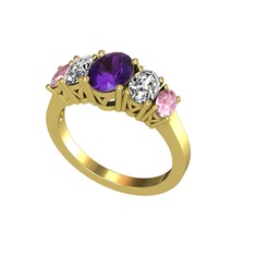 Oval 5 Taşlı Yüzük - Ametist, swarovski ve pembe kuvars 14 ayar altın yüzük #quu3ec