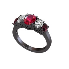 Oval 5 Taşlı Yüzük - Rodolit garnet, swarovski ve kök yakut 925 ayar siyah rodyum kaplama gümüş yüzük #r1y5uu