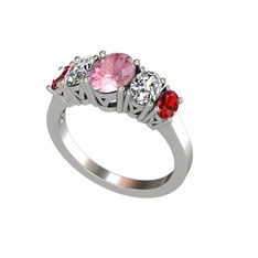 Oval 5 Taşlı Yüzük - Pembe kuvars, beyaz zirkon ve garnet 8 ayar beyaz altın yüzük #r41j6y
