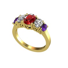 Garnet, beyaz zirkon ve ametist 18 ayar altın yüzük