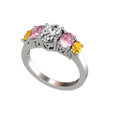 Oval 5 Taşlı Yüzük - Swarovski, pembe kuvars ve sitrin 8 ayar beyaz altın yüzük #rapkzs