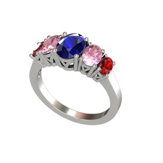 Oval 5 Taşlı Yüzük - Lab safir, pembe kuvars ve garnet 8 ayar beyaz altın yüzük #rbukn