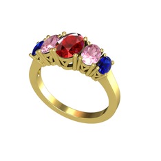 Oval 5 Taşlı Yüzük - Garnet, pembe kuvars ve lab safir 8 ayar altın yüzük #rh1j26