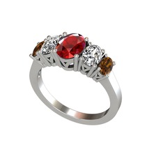 Oval 5 Taşlı Yüzük - Garnet, swarovski ve dumanlı kuvars 8 ayar beyaz altın yüzük #s7ts2s