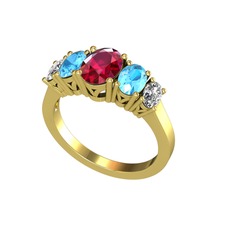 Rodolit garnet, akuamarin ve beyaz zirkon 18 ayar altın yüzük
