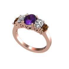 Ametist, swarovski ve dumanlı kuvars 18 ayar rose altın yüzük
