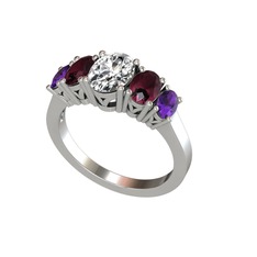 Oval 5 Taşlı Yüzük - Swarovski, kök yakut ve ametist 14 ayar beyaz altın yüzük #u40tj3