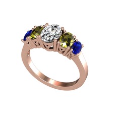 Oval 5 Taşlı Yüzük - Beyaz zirkon, peridot ve lab safir 8 ayar rose altın yüzük #uk7pq4