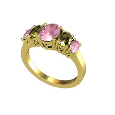 Oval 5 Taşlı Yüzük - Pembe kuvars ve peridot 14 ayar altın yüzük #uo7gqe