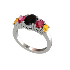 Oval 5 Taşlı Yüzük - Siyah zirkon, rodolit garnet ve sitrin 18 ayar beyaz altın yüzük #uwt77s