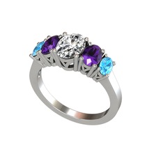 Oval 5 Taşlı Yüzük - Swarovski, ametist ve akuamarin 14 ayar beyaz altın yüzük #v1zaza