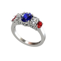 Oval 5 Taşlı Yüzük - Lab safir, beyaz zirkon ve garnet 8 ayar beyaz altın yüzük #vnxuqb