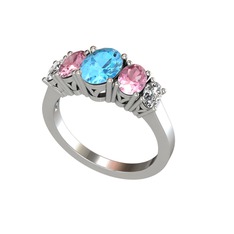 Akuamarin, pembe kuvars ve swarovski 14 ayar beyaz altın yüzük