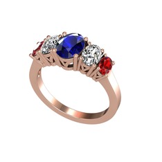 Oval 5 Taşlı Yüzük - Lab safir, beyaz zirkon ve garnet 14 ayar rose altın yüzük #wl5juy