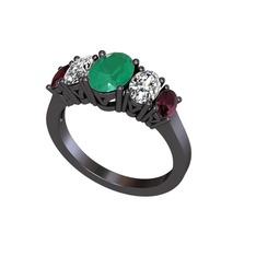 Oval 5 Taşlı Yüzük - Kök zümrüt, swarovski ve kök yakut 925 ayar siyah rodyum kaplama gümüş yüzük #wu0zsa