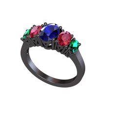 Lab safir, rodolit garnet ve yeşil kuvars 925 ayar siyah rodyum kaplama gümüş yüzük