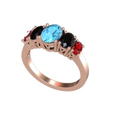 Oval 5 Taşlı Yüzük - Akuamarin, siyah zirkon ve garnet 925 ayar rose altın kaplama gümüş yüzük #x78x60