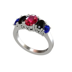 Oval 5 Taşlı Yüzük - Rodolit garnet, siyah zirkon ve lab safir 14 ayar beyaz altın yüzük #xb5s0q
