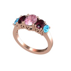 Oval 5 Taşlı Yüzük - Pembe kuvars, kök yakut ve akuamarin 925 ayar rose altın kaplama gümüş yüzük #xe9jss