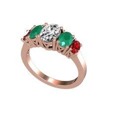 Beyaz zirkon, kök zümrüt ve garnet 8 ayar rose altın yüzük