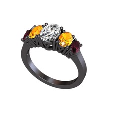 Oval 5 Taşlı Yüzük - Swarovski, sitrin ve kök yakut 925 ayar siyah rodyum kaplama gümüş yüzük #xoz331