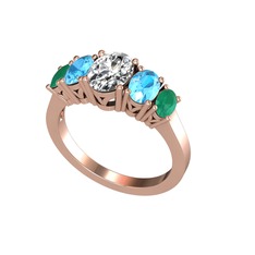 Oval 5 Taşlı Yüzük - Swarovski, akuamarin ve kök zümrüt 14 ayar rose altın yüzük #xqluys