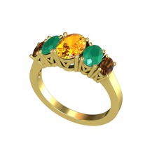 Oval 5 Taşlı Yüzük - Sitrin, kök zümrüt ve dumanlı kuvars 8 ayar altın yüzük #ydoyrm