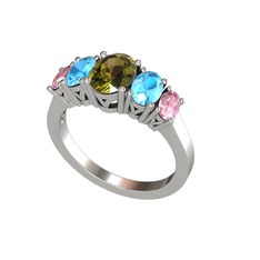 Oval 5 Taşlı Yüzük - Peridot, akuamarin ve pembe kuvars 8 ayar beyaz altın yüzük #yza8eb