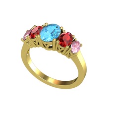 Akuamarin, garnet ve pembe kuvars 18 ayar altın yüzük