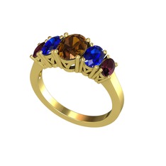 Oval 5 Taşlı Yüzük - Dumanlı kuvars, lab safir ve kök yakut 925 ayar altın kaplama gümüş yüzük #zrkd7o