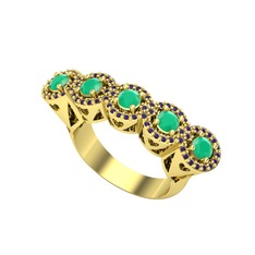 Kalpli 5 Taş Yüzük - Kök zümrüt ve ametist 14 ayar altın yüzük #10icj7h